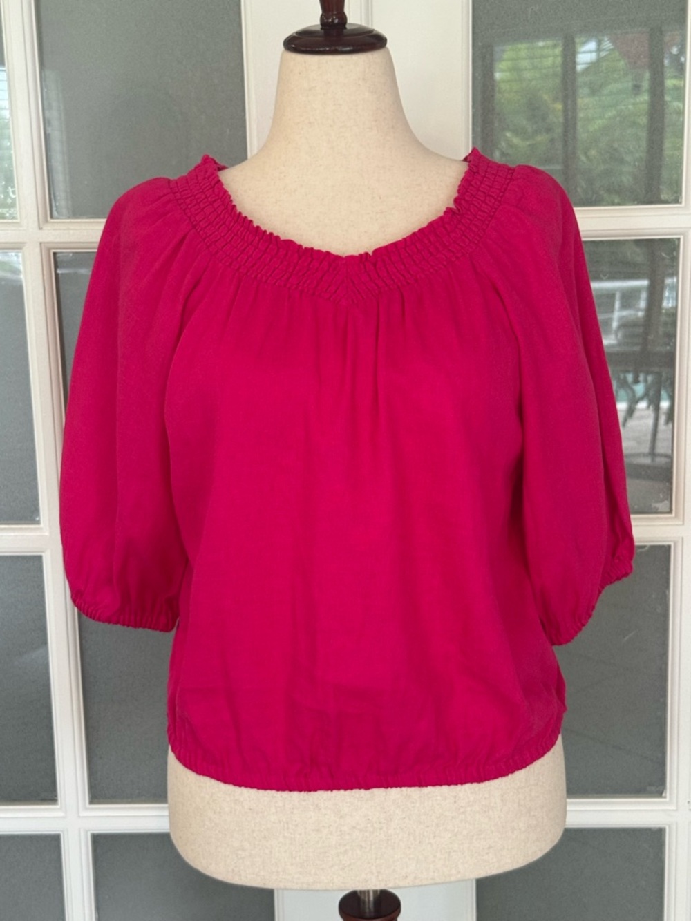 INC International Concepts Pink Linen Blend Smocked Blouse Size M